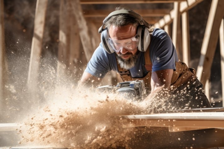 Carpenter blowing sawdust from wooden plank Entkernung-Floeha_Holzabriss